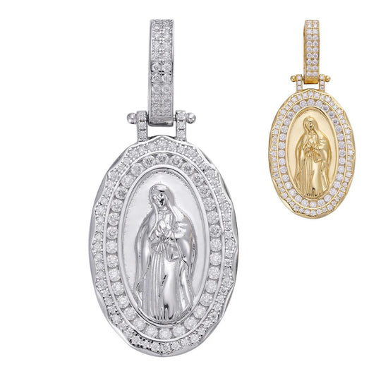 Colgante Medallón Virgen María con Moissanita - Plata 925 y Oro Vermeil 14k