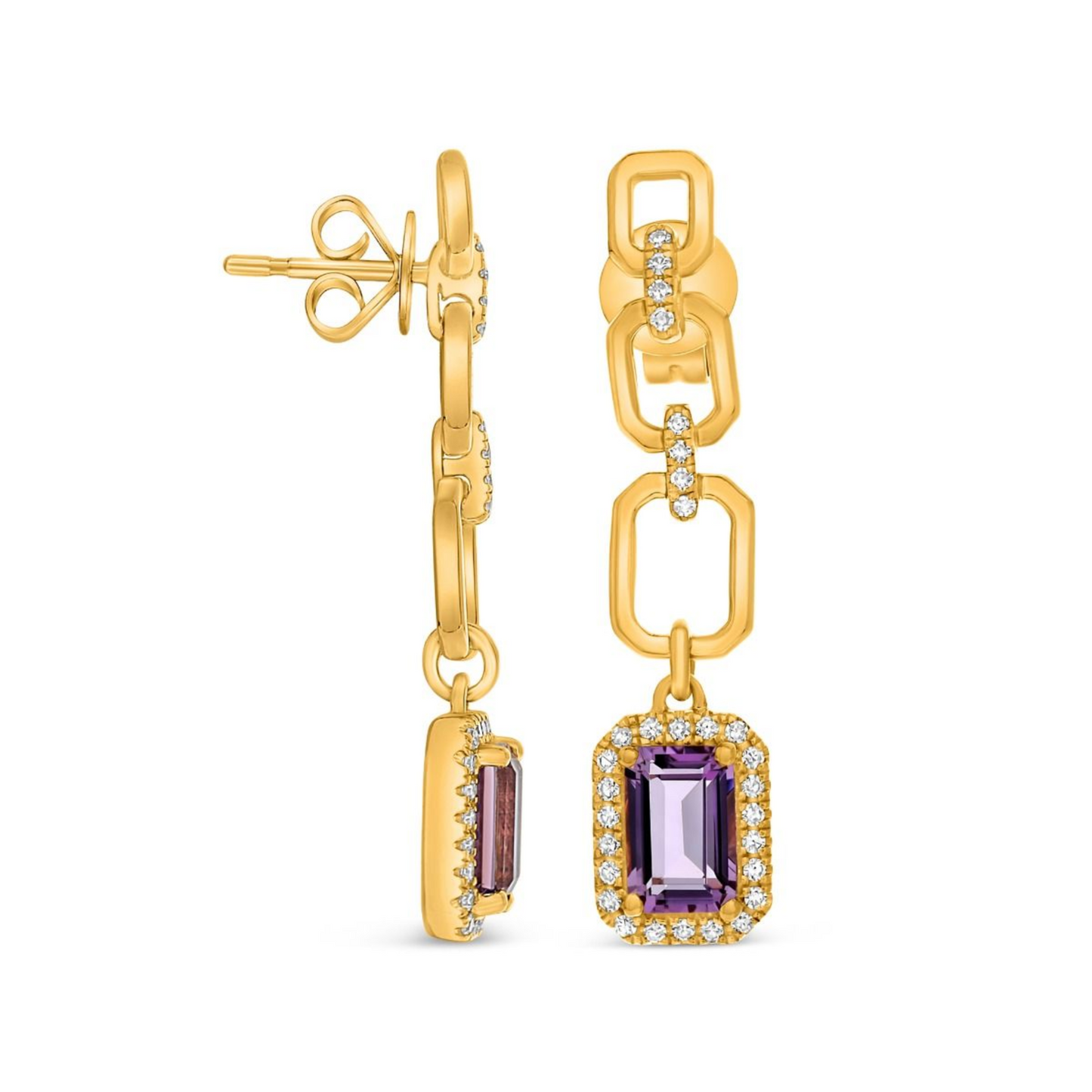 Amethyst and Diamond Drop Chain Earrings in Yellow Gold