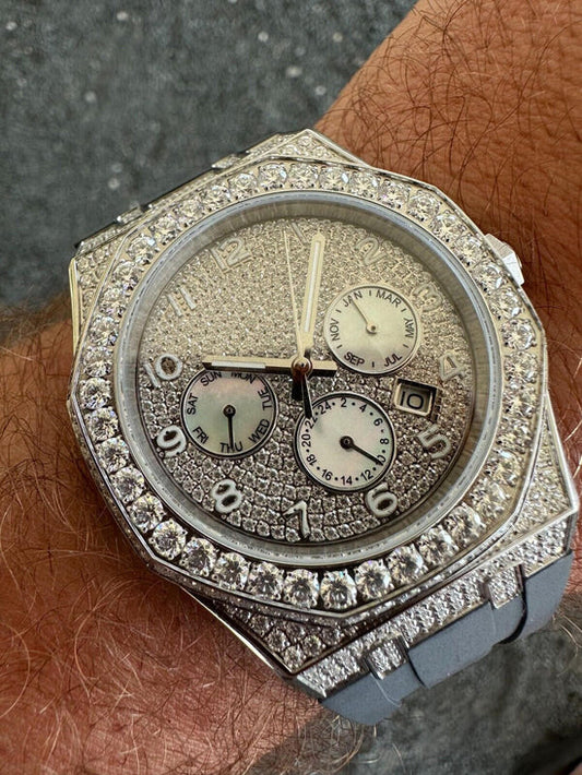 Reloj Automático Skeleton Back con Moissanita 9.5ct - Nácar - Banda Silicona Gris - 44mm
