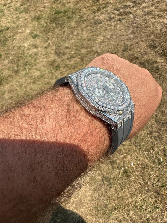 Reloj Automático Skeleton Back con Moissanita 9.5ct - Nácar - Banda Silicona Gris - 44mm