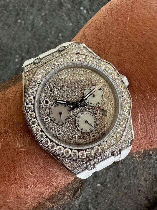 Reloj Automático Skeleton Back con Moissanita 9.5ct - Nácar - Banda Silicona Blanca - 44mm