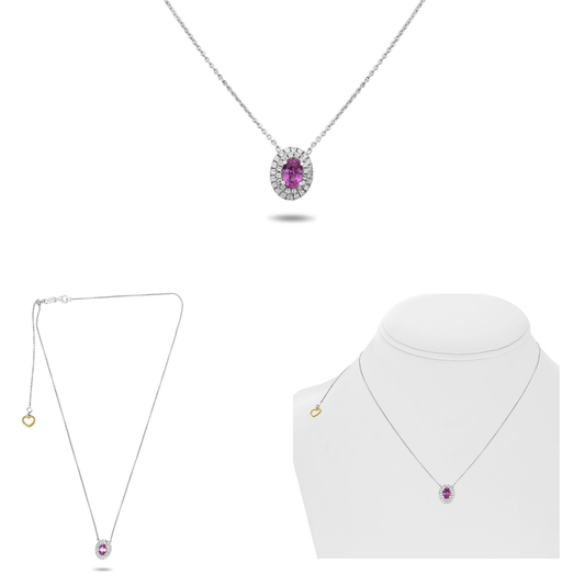 Collar de Zafiro rosa ovalado con doble halo de Diamantes