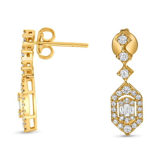 Arete de diamantes baguette y round (Oro Amarillo)