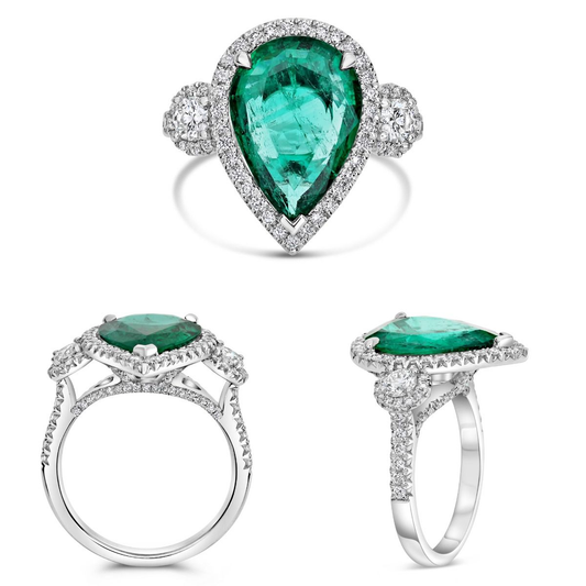 Anillo Esmeralda Pera 3.84ct con Halo de Diamantes - Platino - Certificado GIA