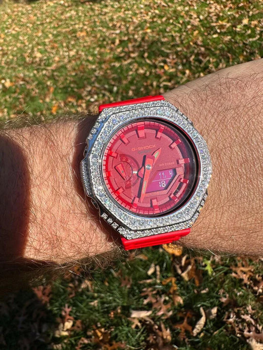 Casio G-Shock GA-2100 Personalizado - Bisel Plata 925 con Moissanita 5.1ct - Rojo