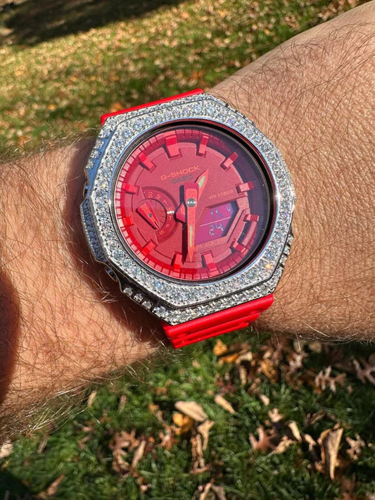 Casio G-Shock GA-2100 Personalizado - Bisel Plata 925 con Moissanita 5.1ct - Rojo