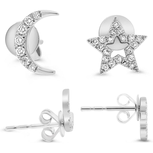 White Gold Moon and Star Stud Earrings