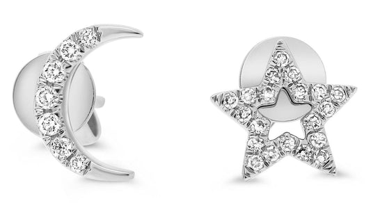 White Gold Moon and Star Stud Earrings