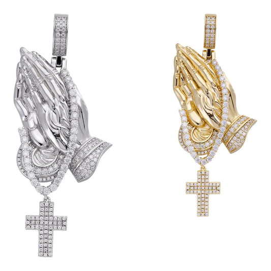 Colgante Manos Orando con Cruz de Moissanita - Oro Vermeil 14k y Plata 925